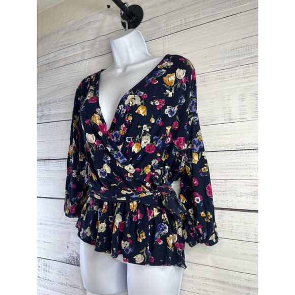 Lauren Ralph Lauren Black Label Peplum Frill Blouse Sz L Blue Floral - Picture 3 of 10